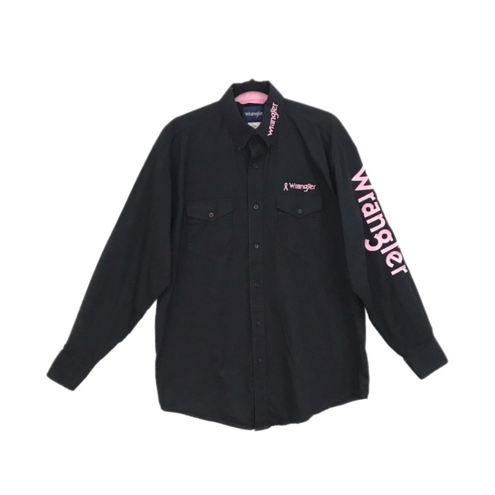Wrangler Shirt Mens Size Medium Western Breast Cancer Black Pink Embroidered